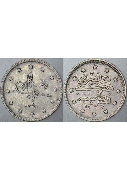 V. MEHMED REŞAD GÜMÜŞ 2 KURUŞ 1327/4 KOSTANTİNİYYE DARBI. OSMANLI İMPARATORLUĞU.