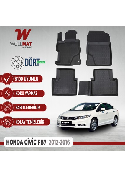 Honda Civic Fb7 Paspas 2012 2016 Arası Uyumlu 3D Havuzlu Paspas Seti