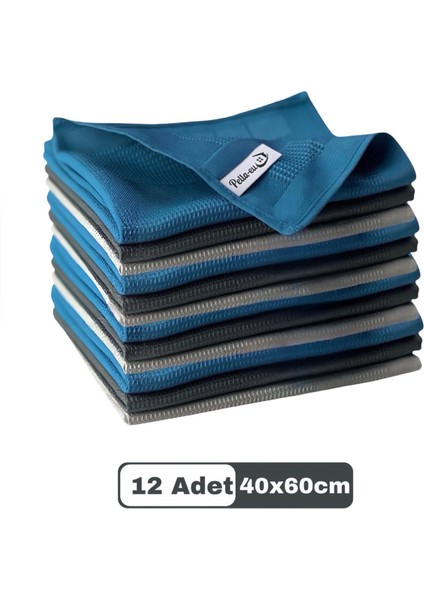 Mikrofiber Cam Bezi Genel Temizlik Bezi Mutfak Banyo Yüzey 12 Adet Mavi Antrasit Gri 40X60CM
