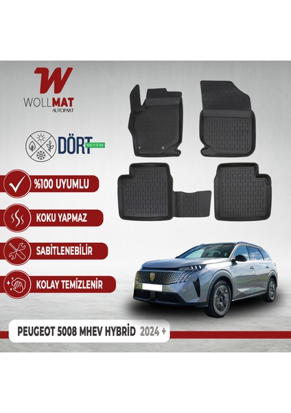 Yeni Peugeot 5008 Paspas Mhev Hybrıd 2024 Sonrası Uyumlu 3D Havuzlu Paspas