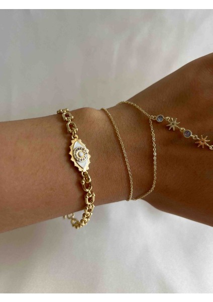 Çelik Göz Figürlü Gold Şans Bilekliği fırsatları