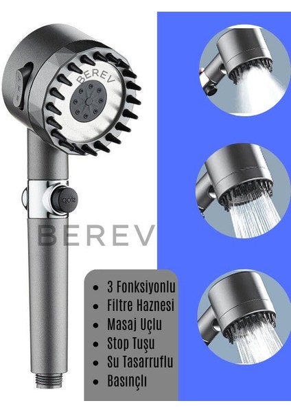 Yüksek Basınçlı Masaj Taraklı 3 Kademeli Aç Kapa Su Tasarruflu Filtre Hazneli Gri Banyo Duş Başlığı 10 Adet Yedek Filtreli fırsatları