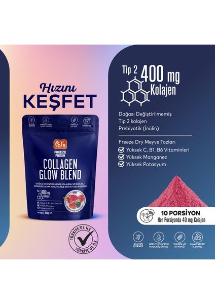 Glow Blend 100 G, Dondurularak Kurutulmuş Meyve Tozu, Kolajen, Inülin, Yüksek Lif, Manganez