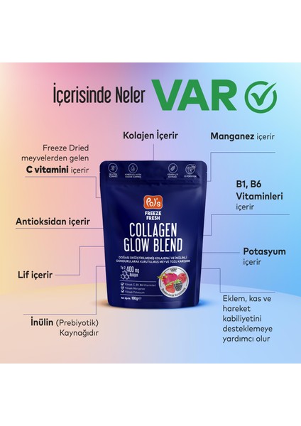 Glow Blend 100 G, Dondurularak Kurutulmuş Meyve Tozu, Kolajen, Inülin, Yüksek Lif, Manganez fiyatları