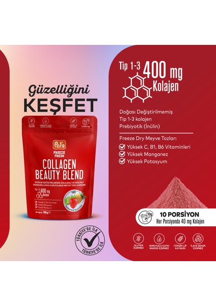 Beauty Blend 100 G, Dondurularak Kurutulmuş Meyve Tozu, Kolajen, Inülin, Yüksek Lif, Manganez