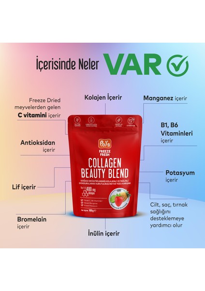 Beauty Blend 100 G, Dondurularak Kurutulmuş Meyve Tozu, Kolajen, Inülin, Yüksek Lif, Manganez fiyatları