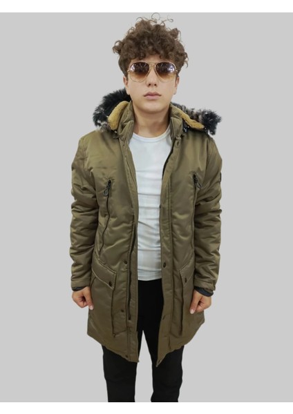 Erkek Kürklü Çıkma Kapüşonlu Içi Kürklü Kanvas Haki Parka Kaban
