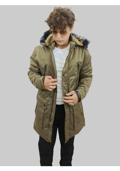 Erkek Kürklü Çıkma Kapüşonlu Içi Kürklü Kanvas Haki Parka Kaban fiyatları