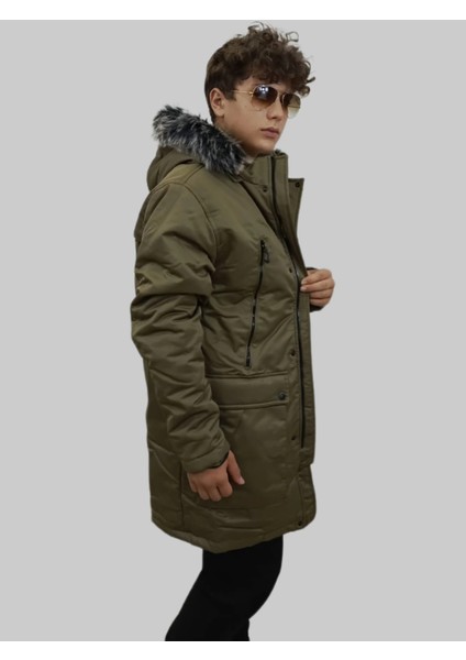 Erkek Kürklü Çıkma Kapüşonlu Içi Kürklü Kanvas Haki Parka Kaban modelleri