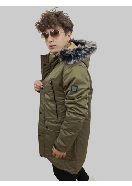 Erkek Kürklü Çıkma Kapüşonlu Içi Kürklü Kanvas Haki Parka Kaban fırsatları