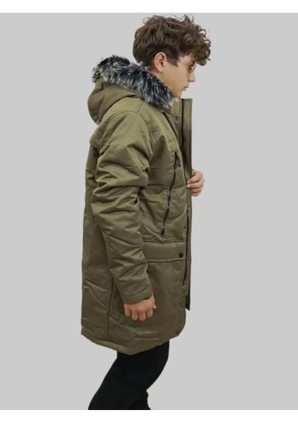 Erkek Kürklü Çıkma Kapüşonlu Içi Kürklü Kanvas Haki Parka Kaban indirimleri