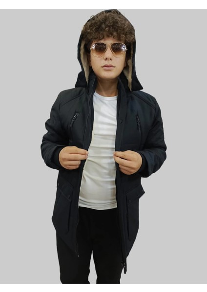 Erkek Çıkma Kapüşonlu Içi Kürklü Kanvas Siyah Parka Kaban