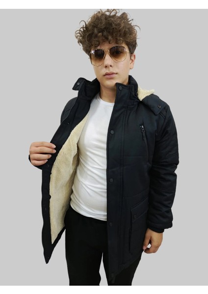 Erkek Çıkma Kapüşonlu Içi Kürklü Kanvas Siyah Parka Kaban fiyatları