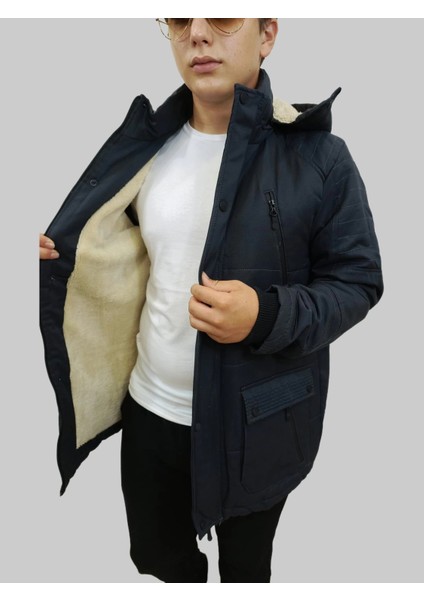 Erkek Çıkma Kapüşonlu Içi Kürklü Kanvas Siyah Parka Kaban modelleri