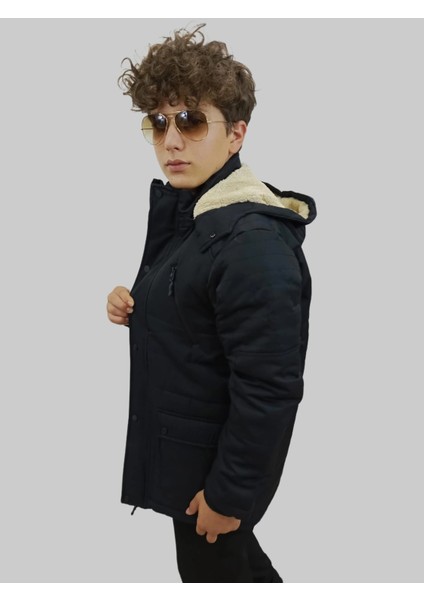 Erkek Çıkma Kapüşonlu Içi Kürklü Kanvas Siyah Parka Kaban indirimleri
