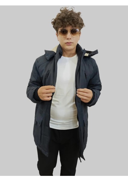 Erkek Çıkma Kapüşonlu Içi Kürklü Kanvas Antrasit Parka Kaban