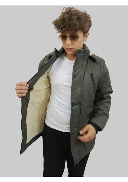 Erkek Çıkma Kapüşonlu Içi Kürklü Kanvas Haki Parka Kaban modelleri