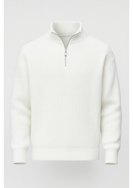 Nolan Oversize Selanik Örgü Yarım Fermuar Erkek Triko Kazak - Ekru
