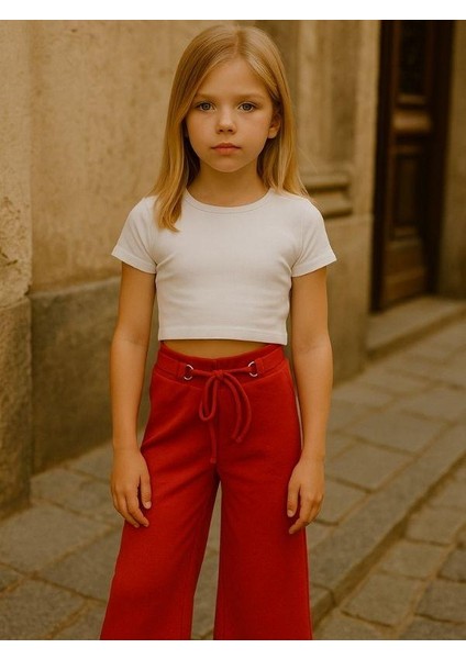 Kız Çocuk Pamuklu Kırmızı Ispanyol Paça Pantolon modelleri