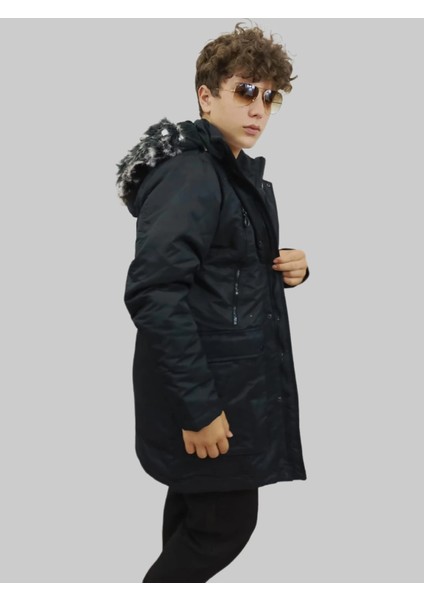 Erkek Kürklü Çıkma Kapüşonlu Içi Kürklü Kanvas Siyah Parka Kaban