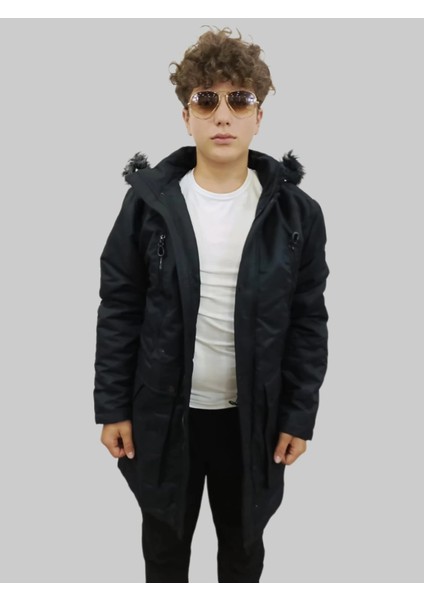 Erkek Kürklü Çıkma Kapüşonlu Içi Kürklü Kanvas Siyah Parka Kaban fiyatları