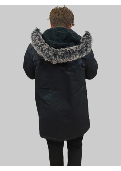 Erkek Kürklü Çıkma Kapüşonlu Içi Kürklü Kanvas Siyah Parka Kaban indirimleri
