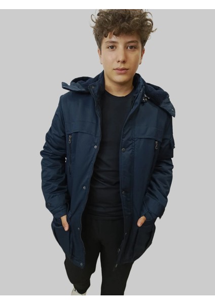 Erkek Kışlık Içi Kürklü Sabit Kapüşonlu Lacivert Kaban Parka