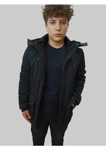 Erkek Kışlık Içi Kürklü Sabit Kapüşonlu Siyah Kaban Parka