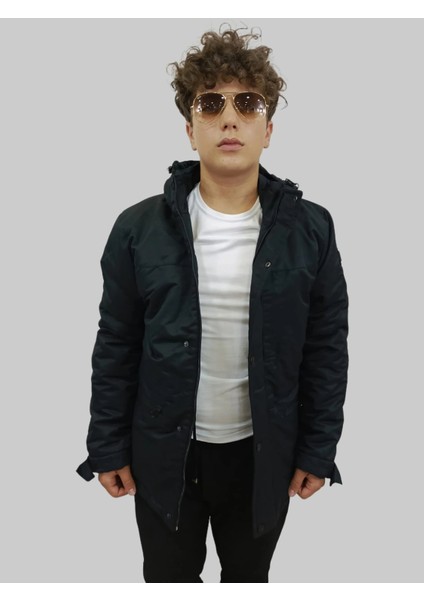 Erkek Kışlık Içi Kürklü Sabit Kapüşonlu Siyah Kaban Parka modelleri