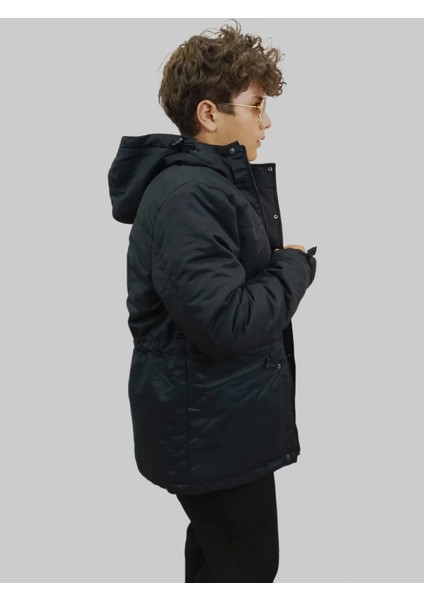 Erkek Kışlık Içi Kürklü Sabit Kapüşonlu Siyah Kaban Parka fırsatları