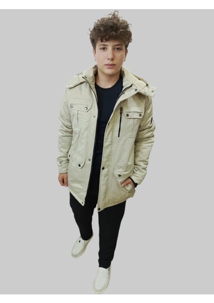 Erkek Kışlık Içi Kürklü Sabit Kapüşonlu Krem Kaban Parka