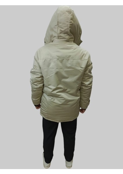 Erkek Kışlık Içi Kürklü Sabit Kapüşonlu Krem Kaban Parka modelleri