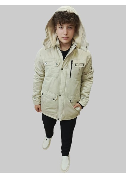 Erkek Kışlık Içi Kürklü Sabit Kapüşonlu Krem Kaban Parka fırsatları