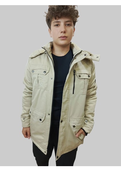 Erkek Kışlık Içi Kürklü Sabit Kapüşonlu Krem Kaban Parka indirimleri