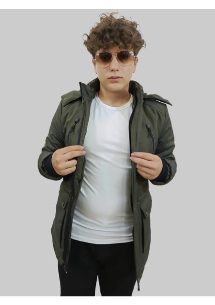 Erkek Kışlık Çıkma Kapüşonlu Haki Kaban Parka