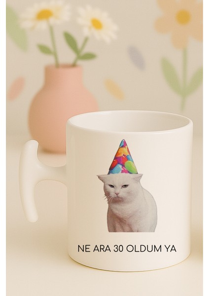 Kişiye Özel Yaşınıza Özel, Ne Ara 30 Oldum Kedili Hammer Kulplu Kupa Bardak, Hediyelik Komik