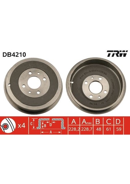 DB4210 - Arka Fren Kampanası Fıat Albea 00 Doblo 01 Fıorıno 09 Lınea 09 Marea 00 Tempra 92 96 Tıpo 90 95 Uno 98 06 Peugeot Bıpper 08 Cıtroen Nemo 08 228.2 mm 4 Delik