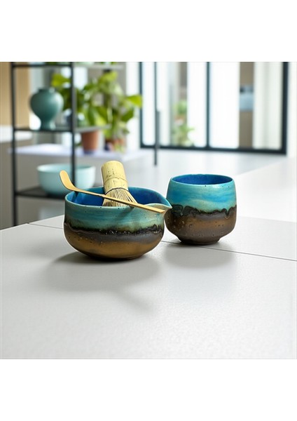El Yapımı Seramik Matcha Kasesi Chawan ve Bardağı Yunomi