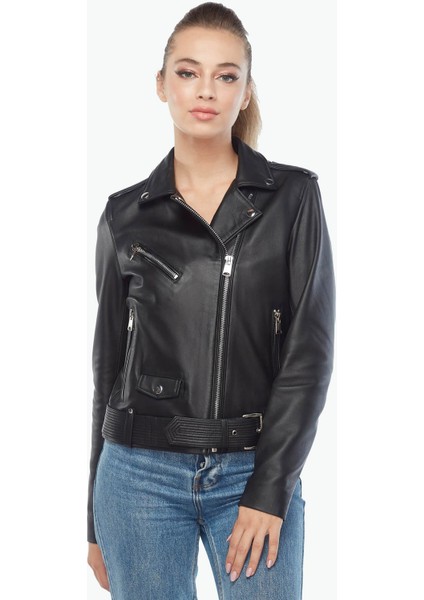Kemerli Motorcu Siyah Kadın Deri Ceket
