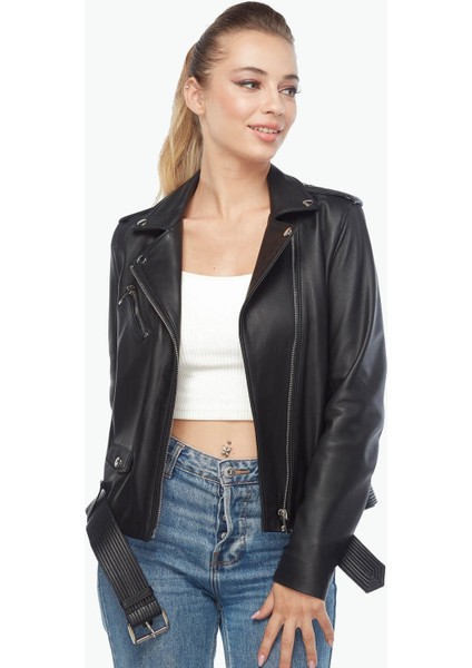 Kemerli Motorcu Siyah Kadın Deri Ceket fiyatları