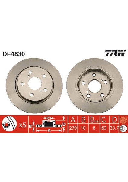 DF4830 - Arka Fren Aynası Aurıs-Corolla- 1.4VVTI-1.6VVTI-1.4 D4D-2.0 D4D-2.2D 03/07 270×10X5DL