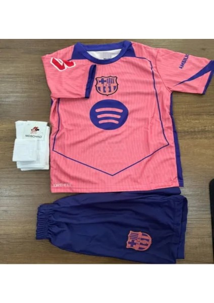 Barcelona Lamine Yamal 25/26 Sezon Özel Tasarım Deplasman Çocuk Forma Takımı 4 Parça Forma +Şort +Çorap + Bileklik Hediye