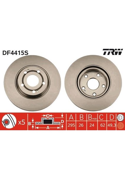 DF4415S - Ön Fren Aynası Adet Avensıs 2.2- 03 Corolla Verso 1.6-1.8-2.0d-2.2d 04 295×26X5DLXHAVALI