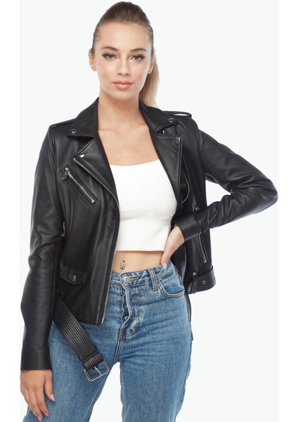 Kemerli Motorcu Siyah Kadın Deri Ceket modelleri