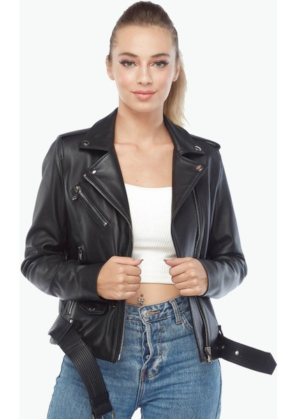 Kemerli Motorcu Siyah Kadın Deri Ceket fırsatları