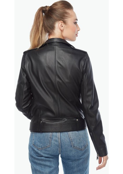 Kemerli Motorcu Siyah Kadın Deri Ceket
