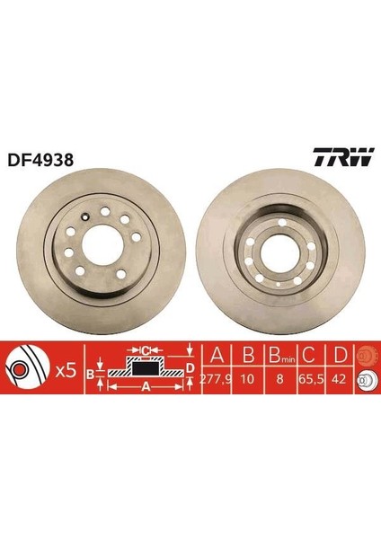 DF4938 - Arka Fren Aynası Astra H Gtc 2.0t 04 14 Zafıra B 05 15 277.9X10X5DL Dolu