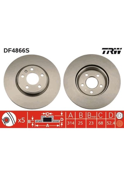 DF4866S - Ön Fren Aynası Havalı A4 8ec 2.0 Tdı 06- A4 8k2 A4 Avant 8k5 1.8 Tfsı/1.8 Tfsı Quattro/2.0 Tfsı/2.0
