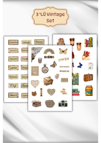 3'lü Vintage Sticker Planner Ajanda Bullet Journal Için Uygun Set