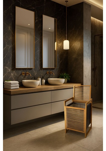 Modern Bambu Çamaşır Kirli Sepeti Geniş Hacim 61X40 X35 cm 100 Lt